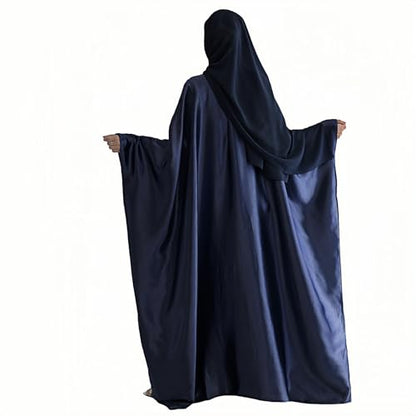 Abaya Muslim Women Dress Satin Batwing Sleeve Kaftan Maxi Arabian Dubai Islamic Ramadan Prayer Dress with Hijab Scarf - color: Navy