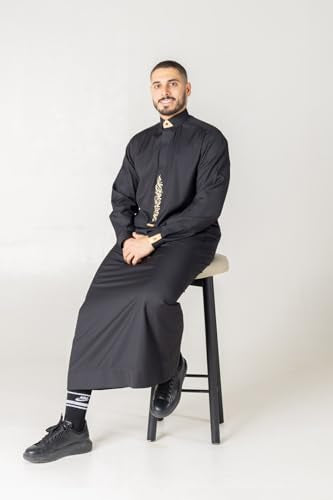 Thobe for Men - Embroidery Long Sleeves Kaftan - Mens Long Gown Thawb Jubba - color: Hawk, size: 58M