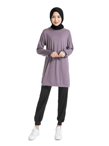 Womens Muslim Tracksuit Set Solid Crew Neck Sweatsuits with Pockets Plain Islamic Athletic Sportswear - color: Purple, size: Small