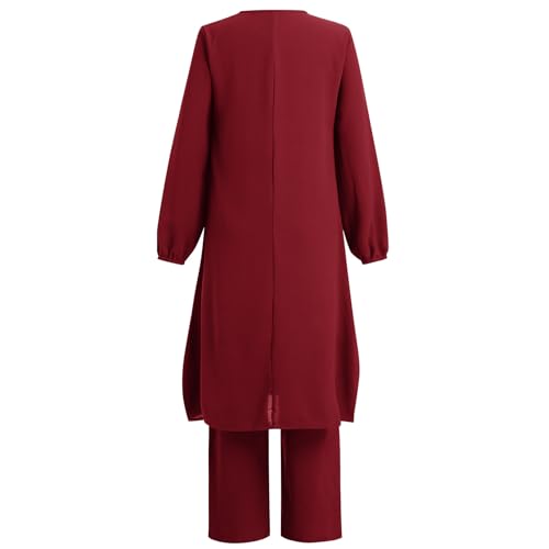 IDOPIP Women's Muslim Abaya Dress 2 Pieces Set Long Sleeve Button Down Shirt and Pants Casual Arabic Islamic Dubai Outfits - color: Wine Red, size: 4X-Large