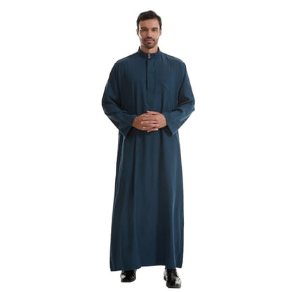 IWEMEK Muslim Thobe for Men Kaftan Thobe with Pockets Middle East Saudi Arabic Robe Ramadan Caftan Dubai Islamic Abaya Dress - color: Dark Blue, size: Large