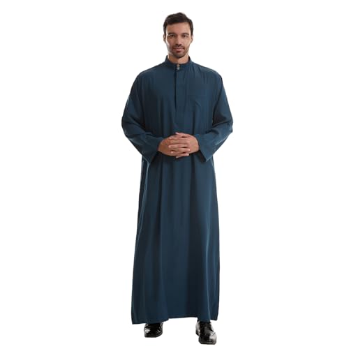 IWEMEK Muslim Thobe for Men Kaftan Thobe with Pockets Middle East Saudi Arabic Robe Ramadan Caftan Dubai Islamic Abaya Dress - color: Dark Blue, size: Small