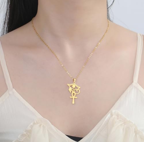 Ankh Cross Y Necklace Key of Life Eye of Horus Pendant Cartouche Long Chain Protection African Coptic Amulet Ancient Egyptian Religious Jewelry Gift for Women Men - color: Ankh Cross Eye of Horus gold 2