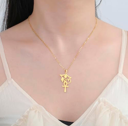 Ankh Cross Y Necklace Key of Life Eye of Horus Pendant Cartouche Long Chain Protection African Coptic Amulet Ancient Egyptian Religious Jewelry Gift for Women Men - color: Ankh Cross Eye of Horus gold 2