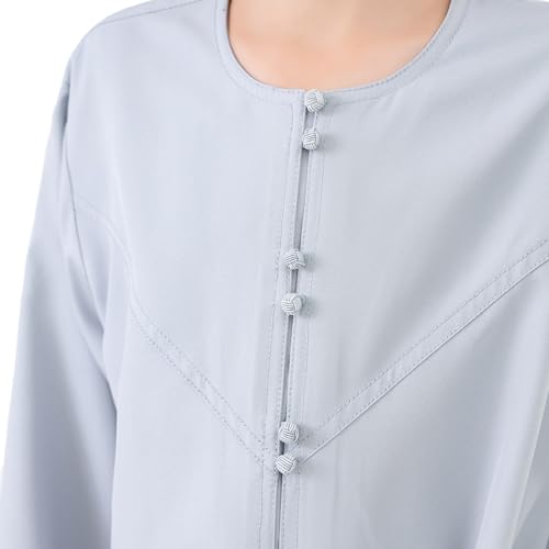 Boys Arabic Thobe Solid Long Sleeve Muslim Kaftan Robe Kids Boys Crew Collar Button Islamic Thobe Ramadan Eid Outfit - color: Grey, size: 11-12 Years