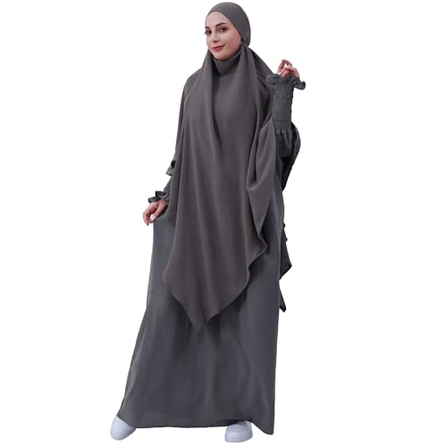 khalat Womens Muslim Prayer Dress Front Zipper Kaftan Islamic Robe Modest Solid Abayas for Women Muslim - color: Dark Gray+hijab