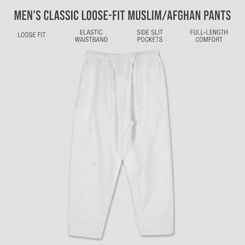 HEEPDD Men Muslim Loose Elastic Band Afghan Trousers, Polyester Cotton Pants with Stripe Decor, White, XXL - size: 48 Long