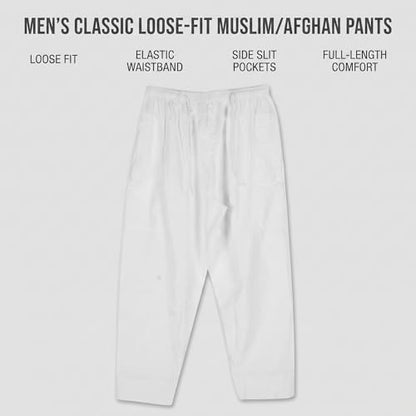 HEEPDD Men Muslim Loose Elastic Band Afghan Trousers, Polyester Cotton Pants with Stripe Decor, White, XXL - size: 48 Long