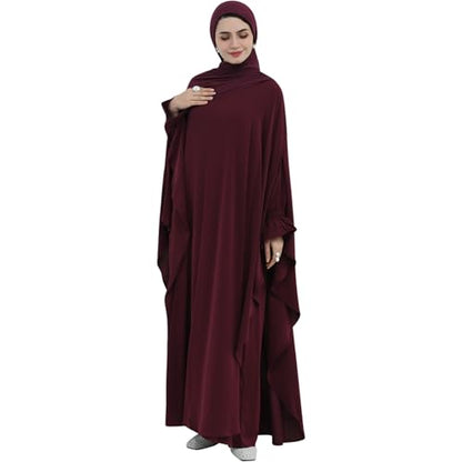 2PCS Women's Muslim Abaya Dress Lace Cuffs Islamic Dubai Prayer Robe Smooth Flowy Muslim Women Clothes - color: Wine Red, size: Medium