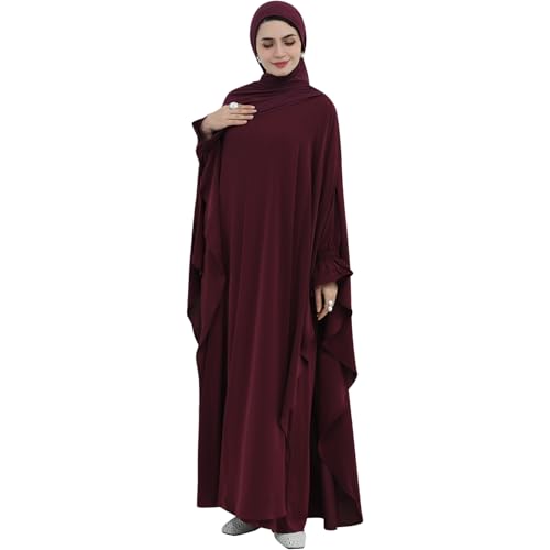 2PCS Women's Muslim Abaya Dress Lace Cuffs Islamic Dubai Prayer Robe Smooth Flowy Muslim Women Clothes - color: Wine Red, size: Medium