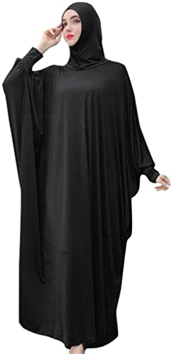 FPOVFPO Womens Solid One-Piece Prayer Dress Muslim Abaya Islamic Maxi Breathable Ramadan Dress Kaftan Hijab - color: Black