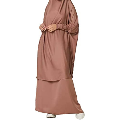 FPOVFPO Womens Muslim Solid Abaya 2 Piece Prayer Dress with Hijab Islamic Maxi Kaftan Dubai Ramadan Full Length Dress - color: Brown
