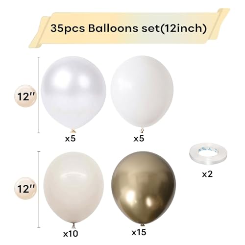 White Gold Balloon Bundle Kit, 110 Pcs 12 Inch White Beige Sand Metallic Gold Latex Balloons for Wedding Baby Shower Bridal Engagement Birthday Party Decorations
