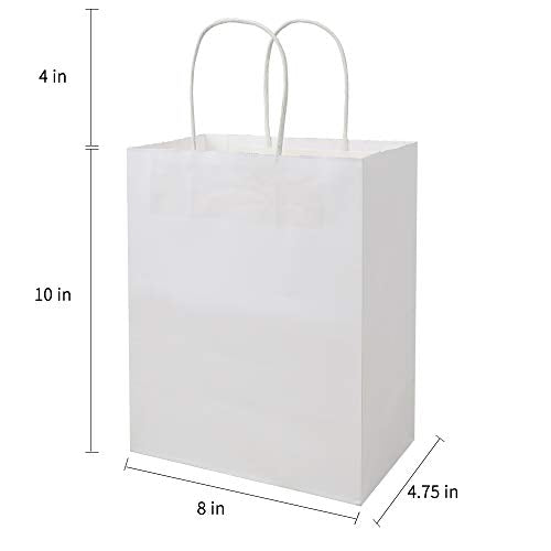 bagmad 100 Pack Sturdy Medium White Kraft Paper Bags with Handles Bulk, Thicken Gift Bags 8x4.75x10 Inch, Craft Grocery Shopping Retail Party Favors Wedding Business Sacks (White, 100pcs) - color: White