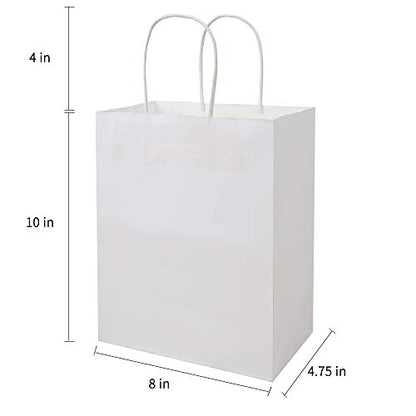 bagmad 100 Pack Sturdy Medium White Kraft Paper Bags with Handles Bulk, Thicken Gift Bags 8x4.75x10 Inch, Craft Grocery Shopping Retail Party Favors Wedding Business Sacks (White, 100pcs) - color: White