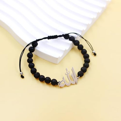 Allah Beaded Bracelet for Men and Women, Adjustable Islamic Faith Jewelry, Symbol of the One True God, Spiritual Muslim Charm Gift YS6042 - color: Black Lava Stone