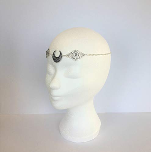 Doubnine Crescent Moon Boho Head Chain Pendant Gothic Forehead Headpiece Headband Retro Hair Accessories Wedding Head Dress for Women Bride Women Girls - color: black beads