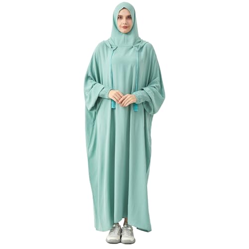 Abaya Muslim Dress Women Prayer Dress Long Sleeve Hooded Loose Maxi Dress Arabian Dubai Islamic Clothes - color: Celadon