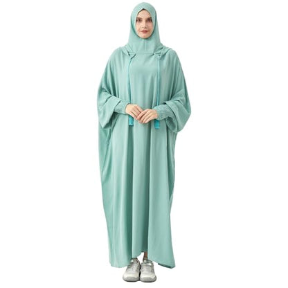 Abaya Muslim Dress Women Prayer Dress Long Sleeve Hooded Loose Maxi Dress Arabian Dubai Islamic Clothes - color: Celadon