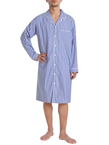Latuza Men's Long Sleeve Cotton Button Down Nightshirt - color: Blue Stripe, size: 3X-Large