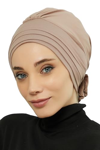 Aisha's Design Instant Turban Head Wraps for Women, Combed Cotton Scarf Lightweight Pre tied Hijab with Back Rose Detail - color: Cappuccino