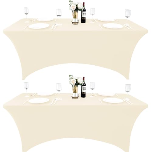 2-Pack 4ft Spandex Table Covers for Rectangular Folding Tables - Wrinkle Resistant Stretch Tight Table Cloths - Ultimate Fitted Table Protector for Parties, Banquet, and Wedding - color: Beige, size: 4-foot | 2-pack
