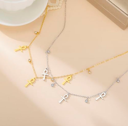 Ankh Cross Y Necklace Key of Life Eye of Horus Pendant Cartouche Long Chain Protection African Coptic Amulet Ancient Egyptian Religious Jewelry Gift for Women Men - color: Gemstone Ankh Cross gold