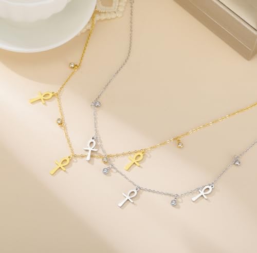 Ankh Cross Y Necklace Key of Life Eye of Horus Pendant Cartouche Long Chain Protection African Coptic Amulet Ancient Egyptian Religious Jewelry Gift for Women Men - color: Gemstone Ankh Cross silver