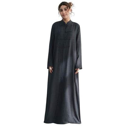 2PCS Women Muslim Abaya Dress Stand Collar Full Coverage Cardigan Dress Set - color: Dark Gray, size: Large