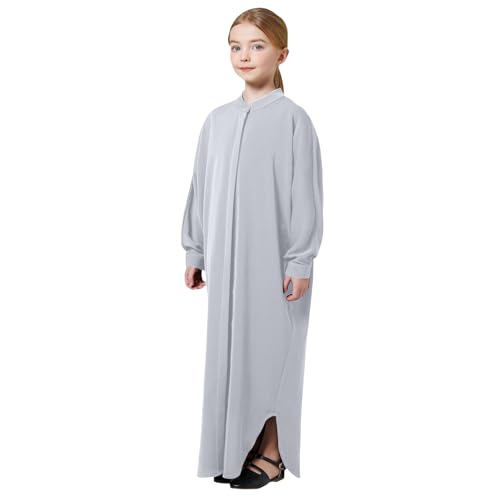 ODIZLI Girls Ramadan Abaya Muslim Batwing Sleeve Long Shirt Prayer Dress Kaftan Dubai Islamic Loose Maxi Dress - color: Light Gray, size: 9-10 Years