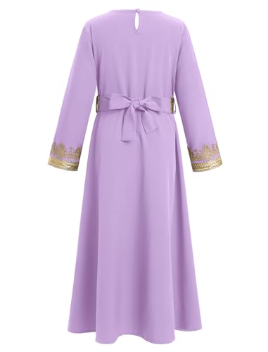 Muslim Dress for Kids Girls Abaya Middle East Ramadan Long Sleeve Lace Prayer Dress Arabic Kaftan with Belt - color: Light Purple, size: 9-10 Years