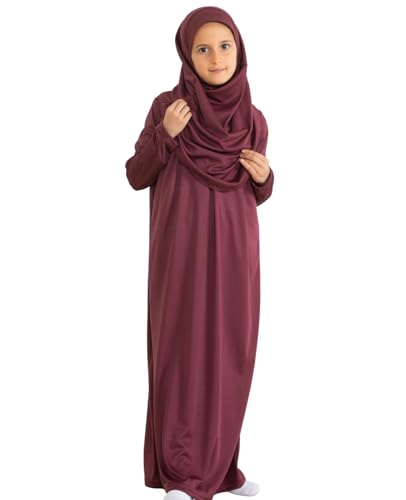 Prien Kids Prayer Dress Muslim Clothes for Girls Long Sleeve Abaya with Hijab Two Piece Maxi Islamic Set Scarf Kaftan Jilbab - color: Cherry