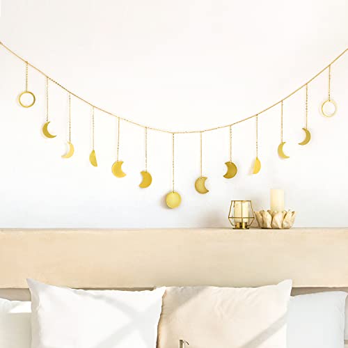 Mkono Moon Phase Wall Hanging Boho Aesthetic Room Decor Metal Moons Garland Hanging Art Bohemian Home Decoration for Girls Room Nursery Bedroom Livingroom Dorm, Ideal, Gold, 55" - color: Gold, size: Large