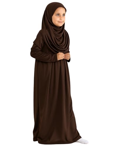 Prien Kids Prayer Dress Muslim Clothes for Girls Long Sleeve Abaya with Hijab Two Piece Maxi Islamic Set Scarf Kaftan Jilbab - color: Brown