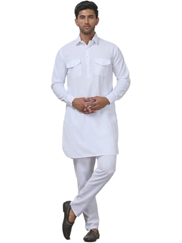 Maple Clothing Punjabi Kurta Pajama Set Pathani Mens Cotton Indian Clothes Bollywood Outfit - color: White, size: Large