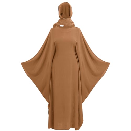 ODIZLI Abayas For Women Muslim Dubai Full Cover Kaftan Shirt Dress Batwing Sleeve Prayer Dress With Hijab - color: Brown + Hijab, size: One Size