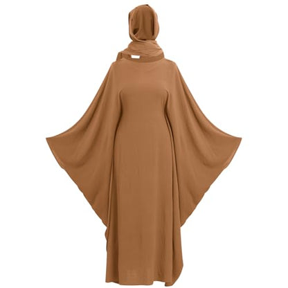 ODIZLI Abayas For Women Muslim Dubai Full Cover Kaftan Shirt Dress Batwing Sleeve Prayer Dress With Hijab - color: Brown + Hijab, size: Two