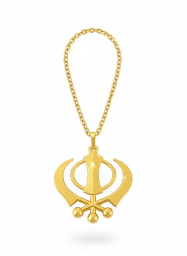 BEXCO Sikh Khanda Metal Car Hanging Show Peice - 6cm with Metal thread-15cm.(Metal, Golden) - color: Golden, size: 6 cm