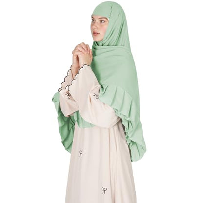 Prayer Hijab for Women Muslim Cotton Blend Lightweight Ruffled Square Scarf - color: Green