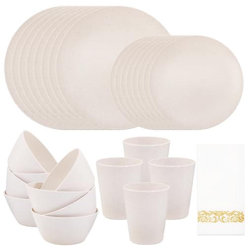 Supernal 32Pcs Reusable Cream Wheat Straw Dinnerware Plates and Bowls Sets - color: Beige with Napkins, size: 32pcs