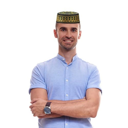 Muslim Prayer Kufi Hat Men Islam Skull Embroidery Cap Beanie Hat Arabian Omani Turkish Prayer Headwear Eid Gift - color: Army Green