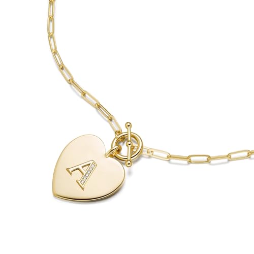 14K Gold Filled Heart Initial Necklace for Women, Dainty Alphabet Pendant Necklace with Paperclip Chain, Hypoallergenic Jewelry Gift for Her - color: Letter A
