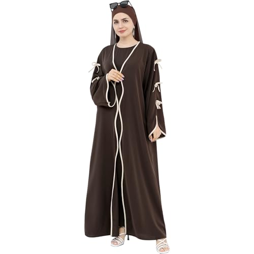 Abaya Dress for Women Muslim Bowknot Sleeves Islamic Prayer Casual Clothes Smooth Flowing Cardigan Dress - color: Coffee, size: Small, style: Cardigan Dress Set