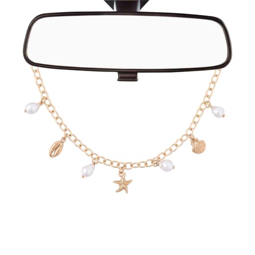 Cute Rearview Mirror Charm Boho Aesthetic Pearl Starfish Chain - color: Gold - Pearl Starfish
