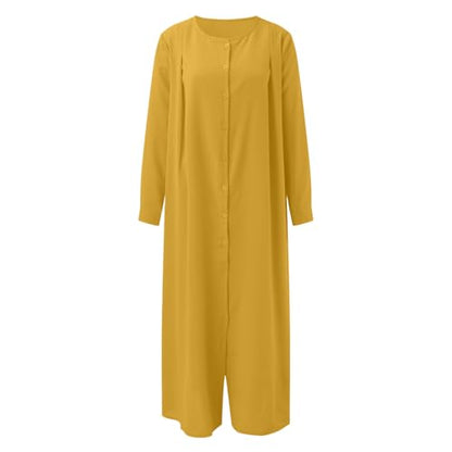 Muslim Dresses for Women Long Sleeve Muslim Prayer Dress Loose Button Down Tunic Flowy Maxi Dress Summer Clothes - color: Yellow, size: X-Large