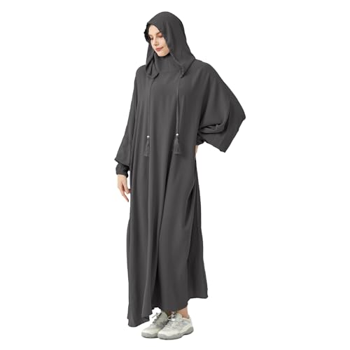 Abaya Muslim Dress Women Prayer Dress Long Sleeve Hooded Loose Maxi Dress Arabian Dubai Islamic Clothes - color: Dark Gray
