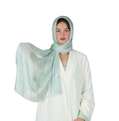 Shinny Threat Hijab Flower Embroidery Shawl Scarf Summer Cool Headwrap | Shinny Threat, Flower Embroidery - color: Light Green