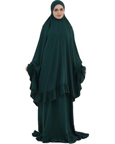 Abaya 2pcs Muslim Prayer Dress Sets with Islamic Hijab Scarf Two-Piece Full Length Dress Plus Size for Ramadan - color: Dark Green, size: Large