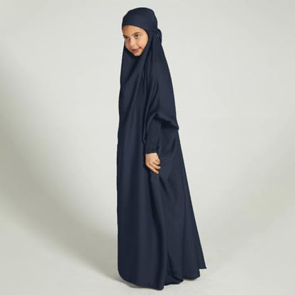 ODIZLI Muslim One Piece Prayer Hijab Dress Women Hooded Abaya Full Cover Islam Dubai Modest Robe - color: Dark Blue Kids, size: 11-12 Years