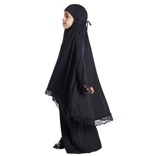 AWIBMK Girls Abaya Dubai Kaftan Prayer Dress and Full Cover Lace Hijab Kids Muslim Robe Ramadan Dresses Modest Clothing - color: Black, size: 5-6 Years
